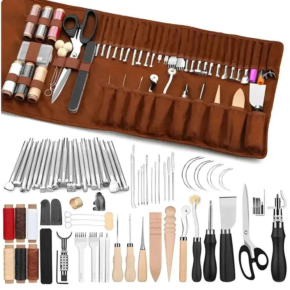 Comprehensive leather craft tools kit from The Create Studio featuring various essential tools and accessories