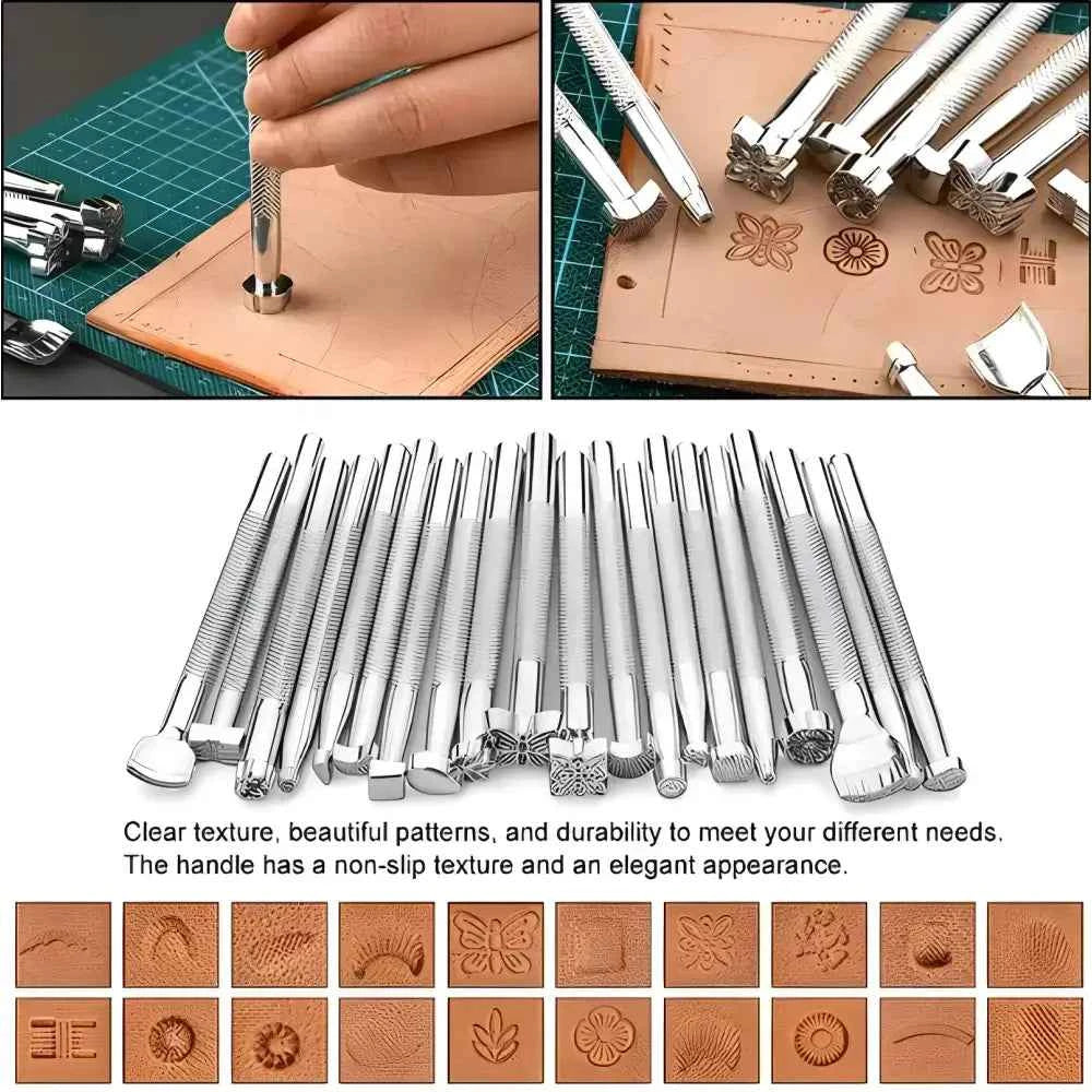 Leather craft tools kit with various stamping tools for creating patterns and textures on leather