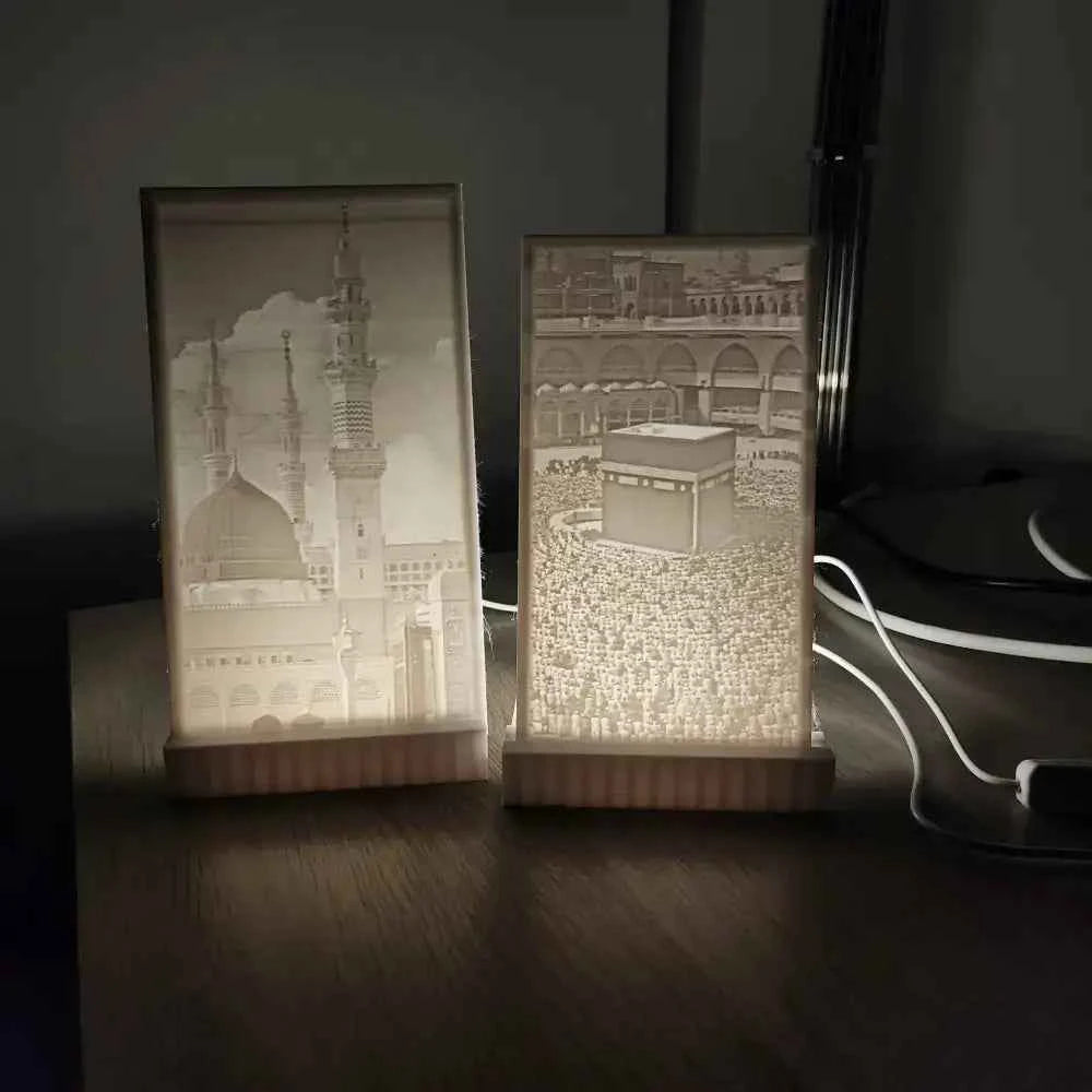 Islamic night lamp Makkah Madina two etched calligraphy LED lamps showing Kaaba and Prophet Mosque