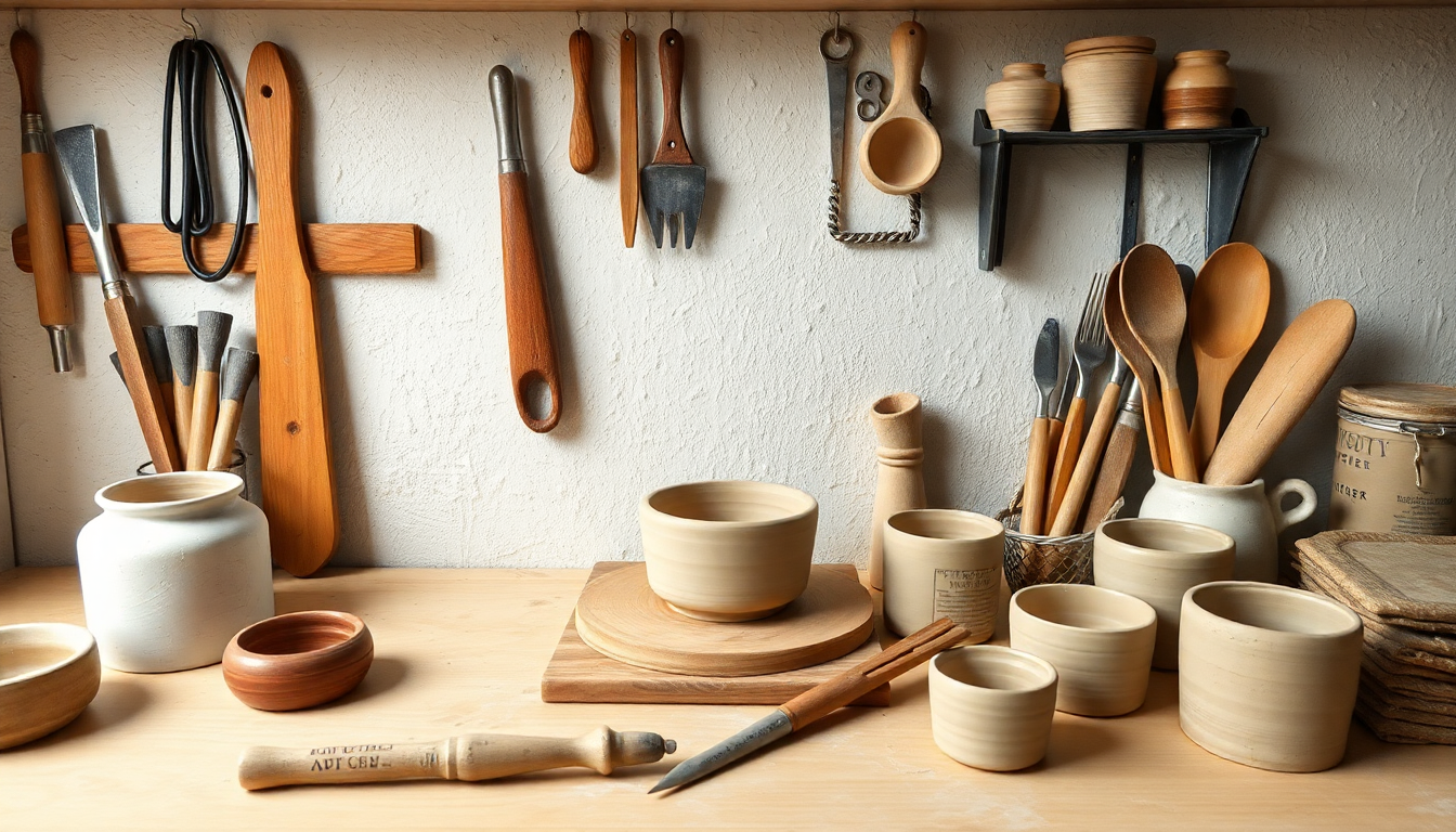 A workspace with essential pottery tools arranged neatly