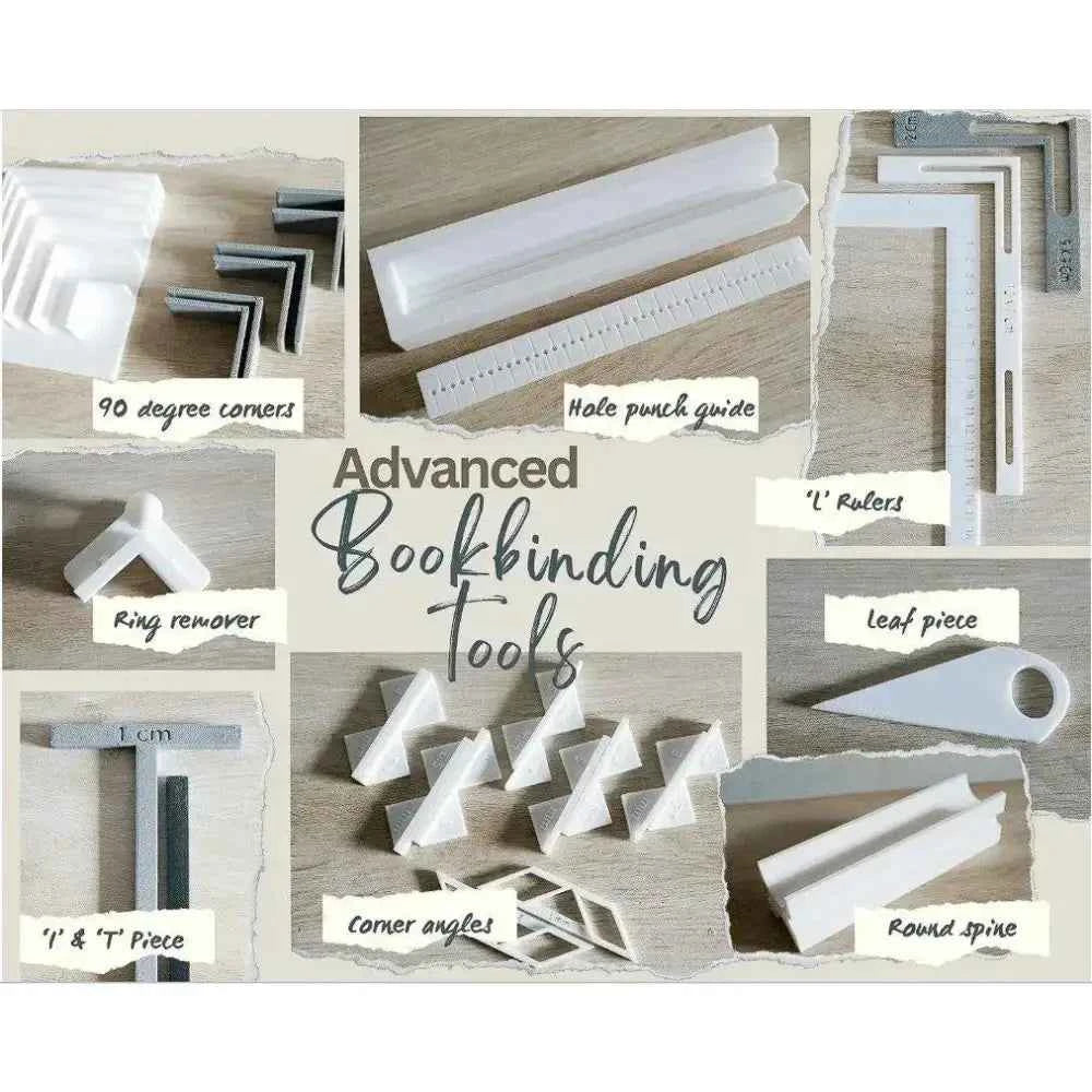 Complete bookbinding toolkit including corner pieces, rulers, and a hole punch guide for advanced bookmaking
