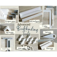 Complete bookbinding toolkit including corner pieces, rulers, and a hole punch guide for advanced bookmaking