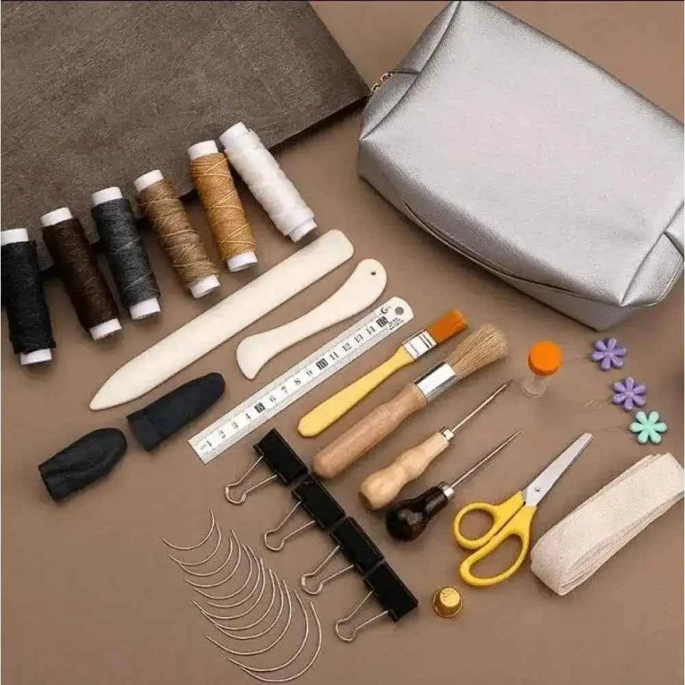 Complete bookbinding toolkit featuring threads, tools, and accessories for bookbinding projects