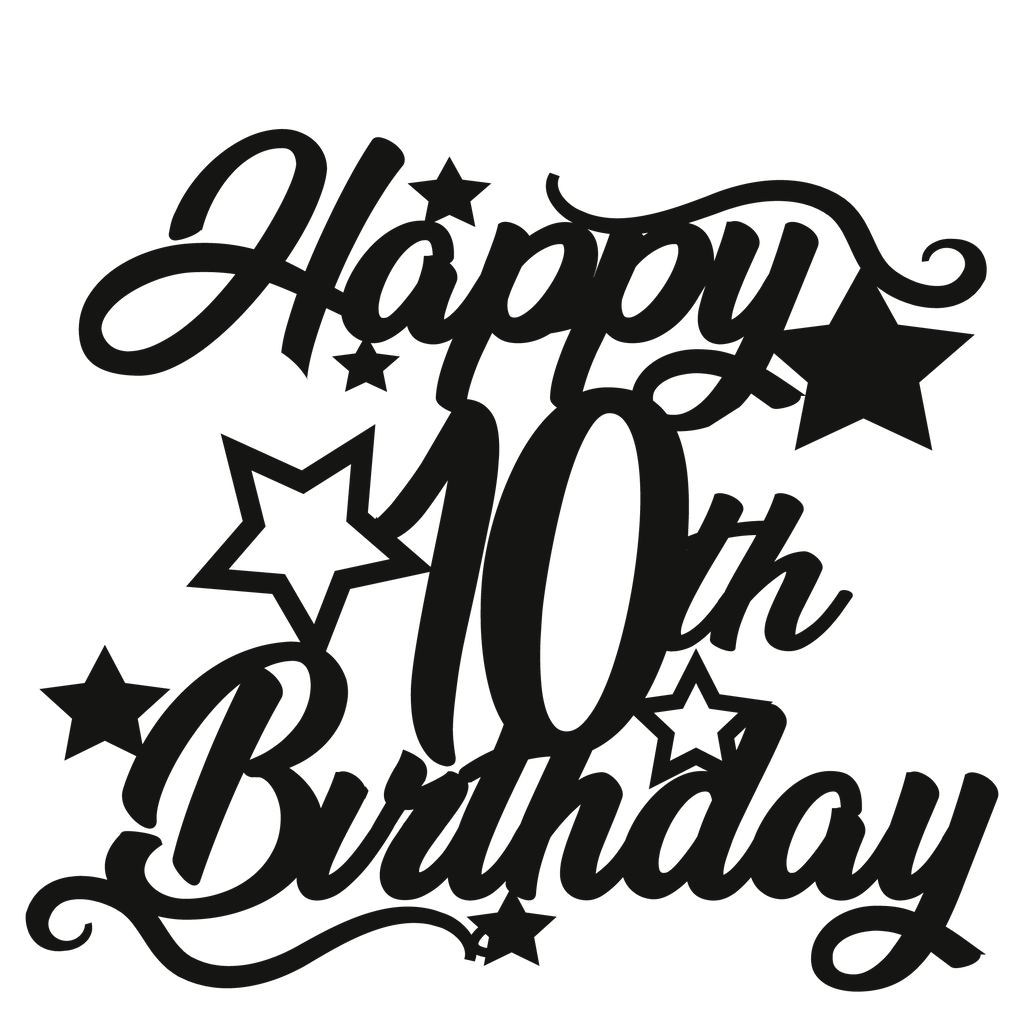 Elegant 10th birthday cake topper featuring stars and the phrase Happy 10th Birthday