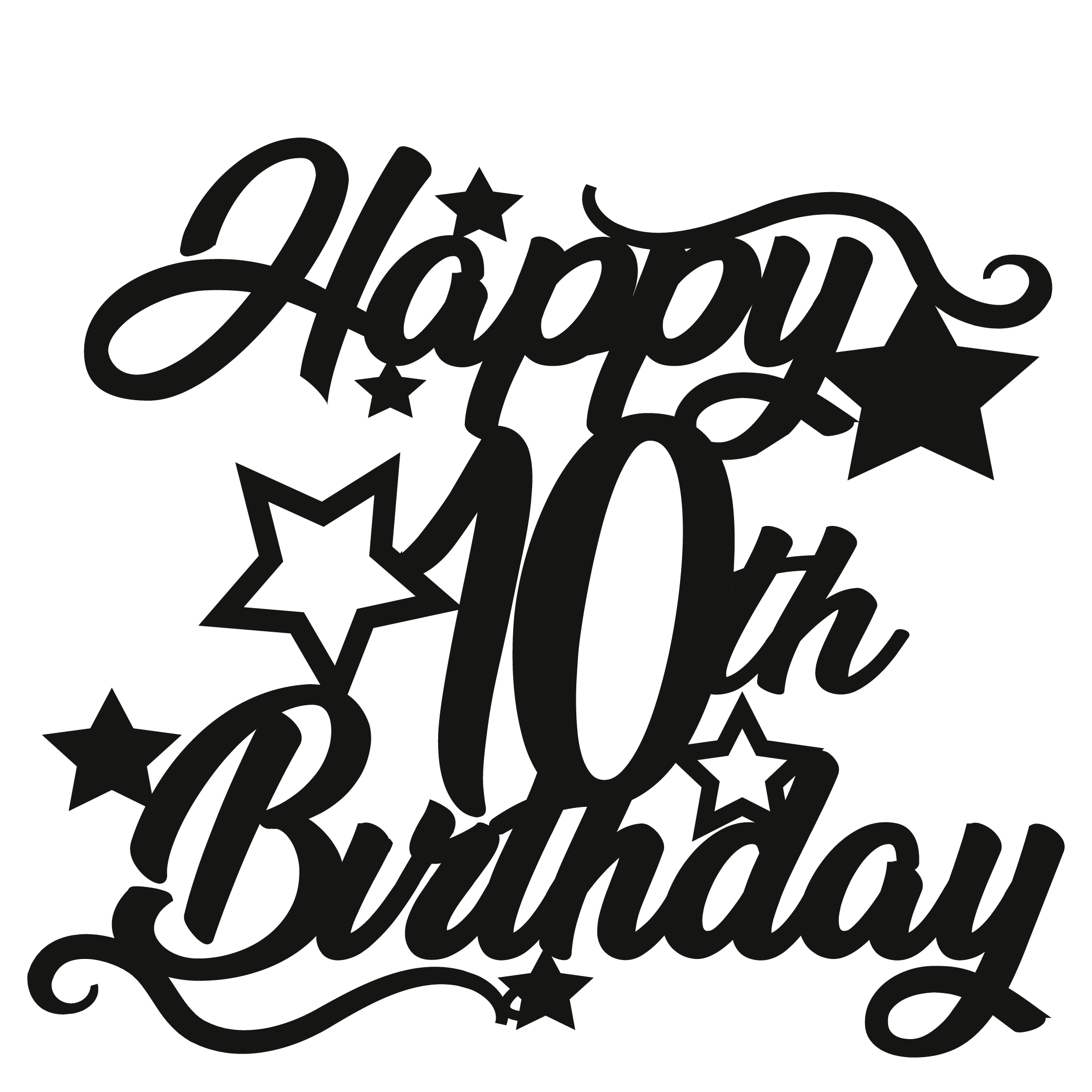 Elegant 10th birthday cake topper featuring stars and the phrase Happy 10th Birthday