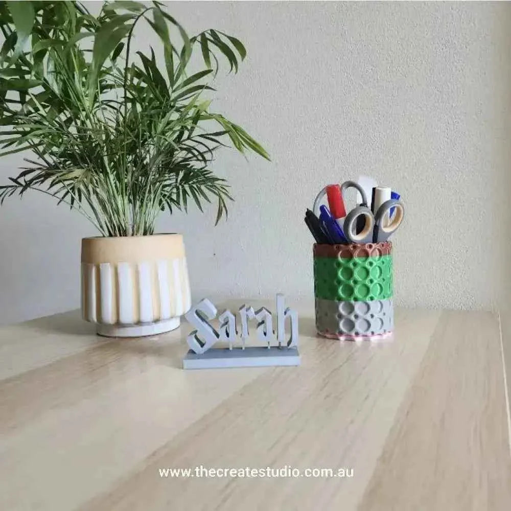 Harry Potter desk name plaque displayed on a wooden desk with a plant and pencil holder