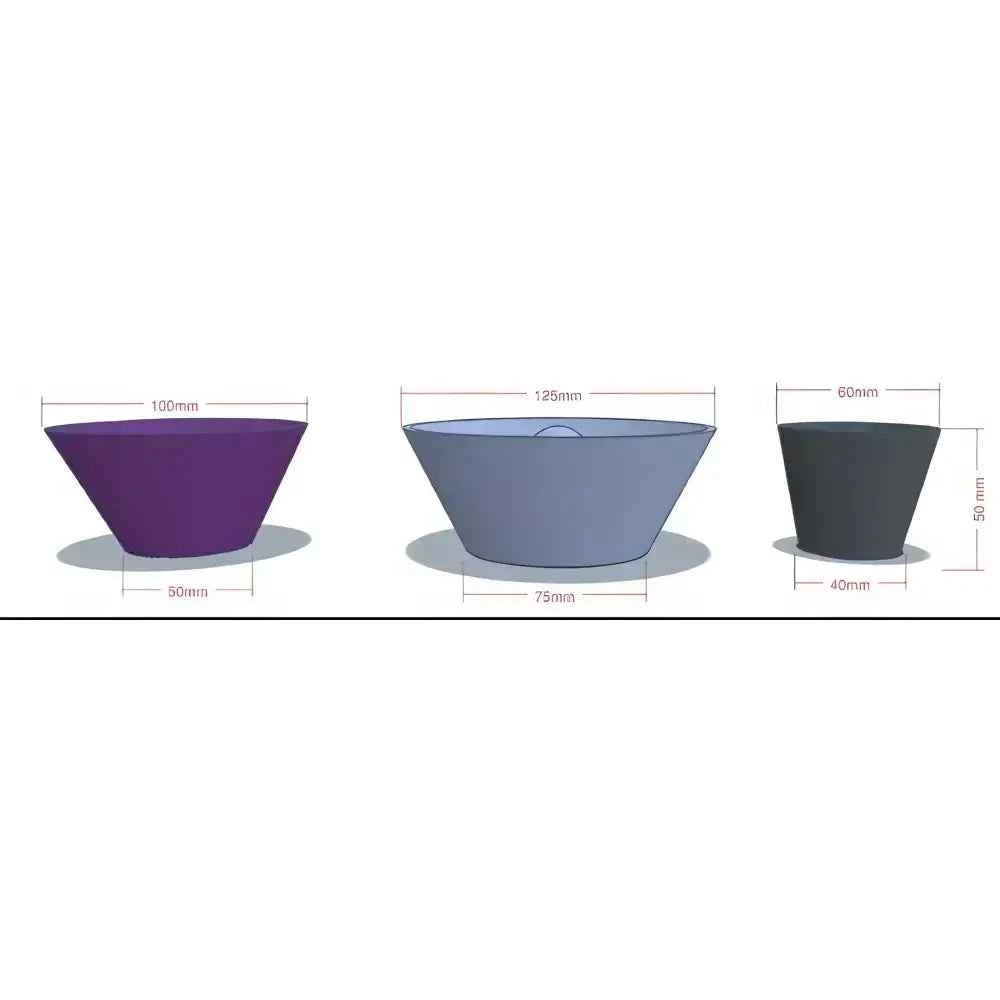 Three round rim pottery tools in varying colors and sizes for creating unique pottery designs