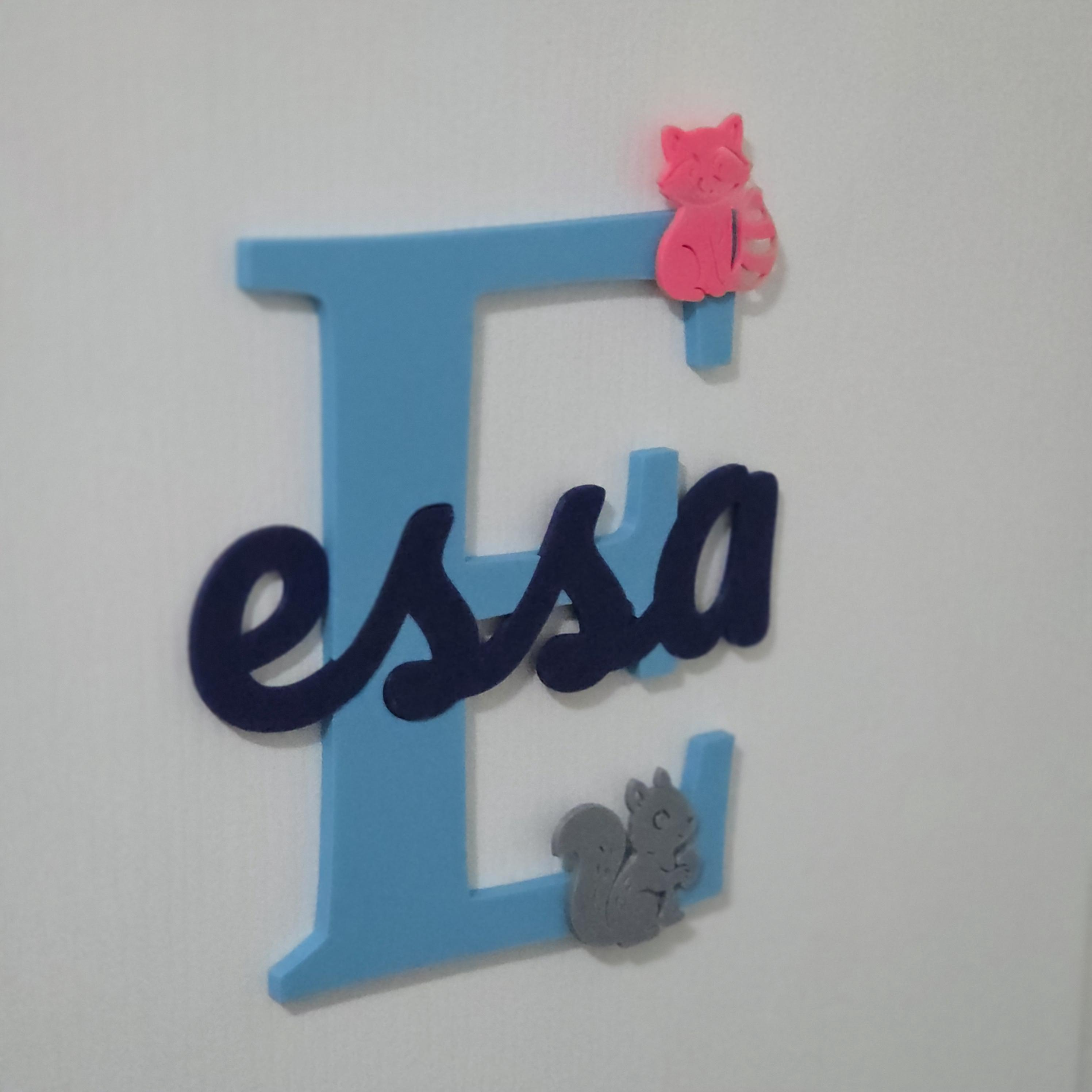 Custom baby room decor sign featuring a blue letter E with pink and grey animal embellishments
