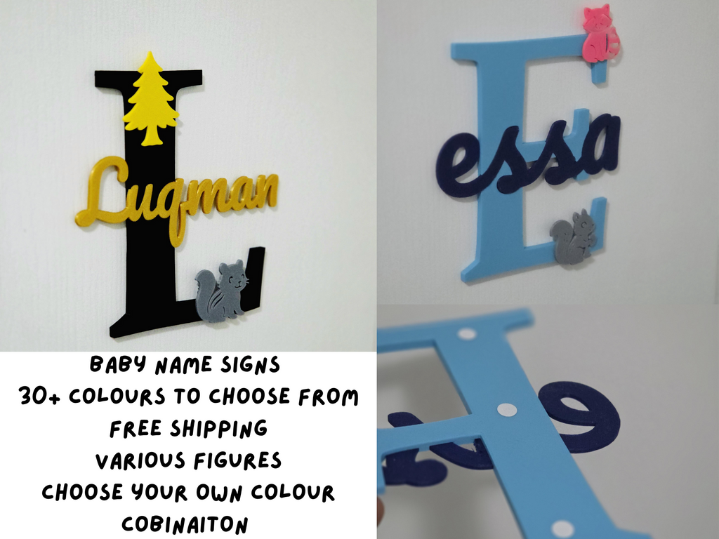 Custom baby room decor sign featuring personalised name options in various colours and designs