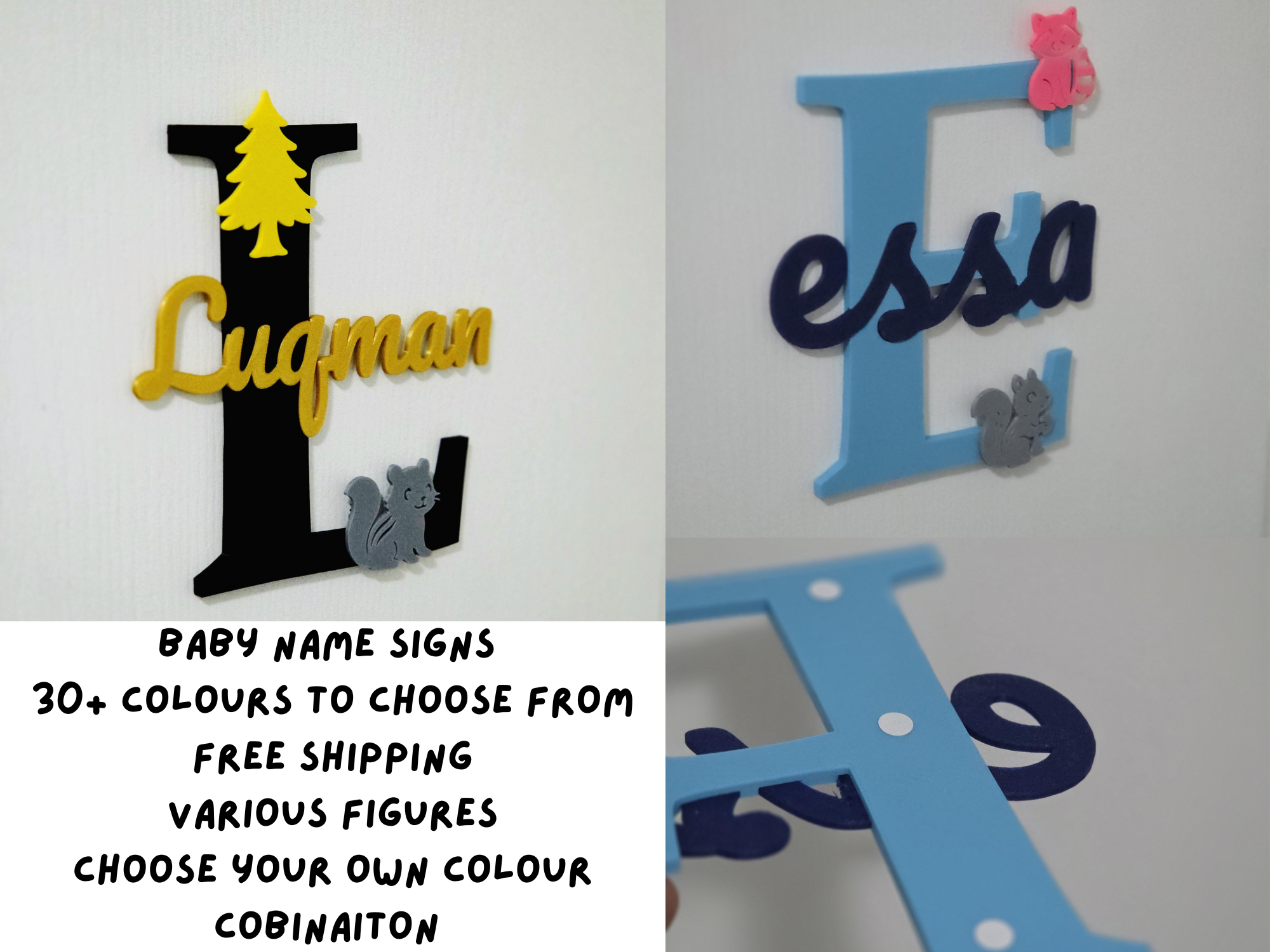 Custom baby room decor sign featuring personalised name options in various colours and designs