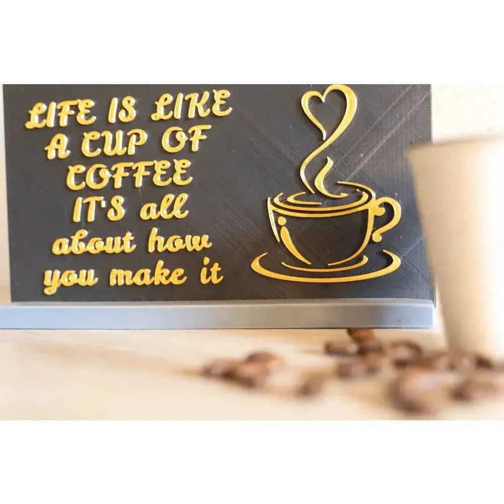 Custom coffee bar decor featuring a wooden sign with a coffee cup and motivational quote about coffee