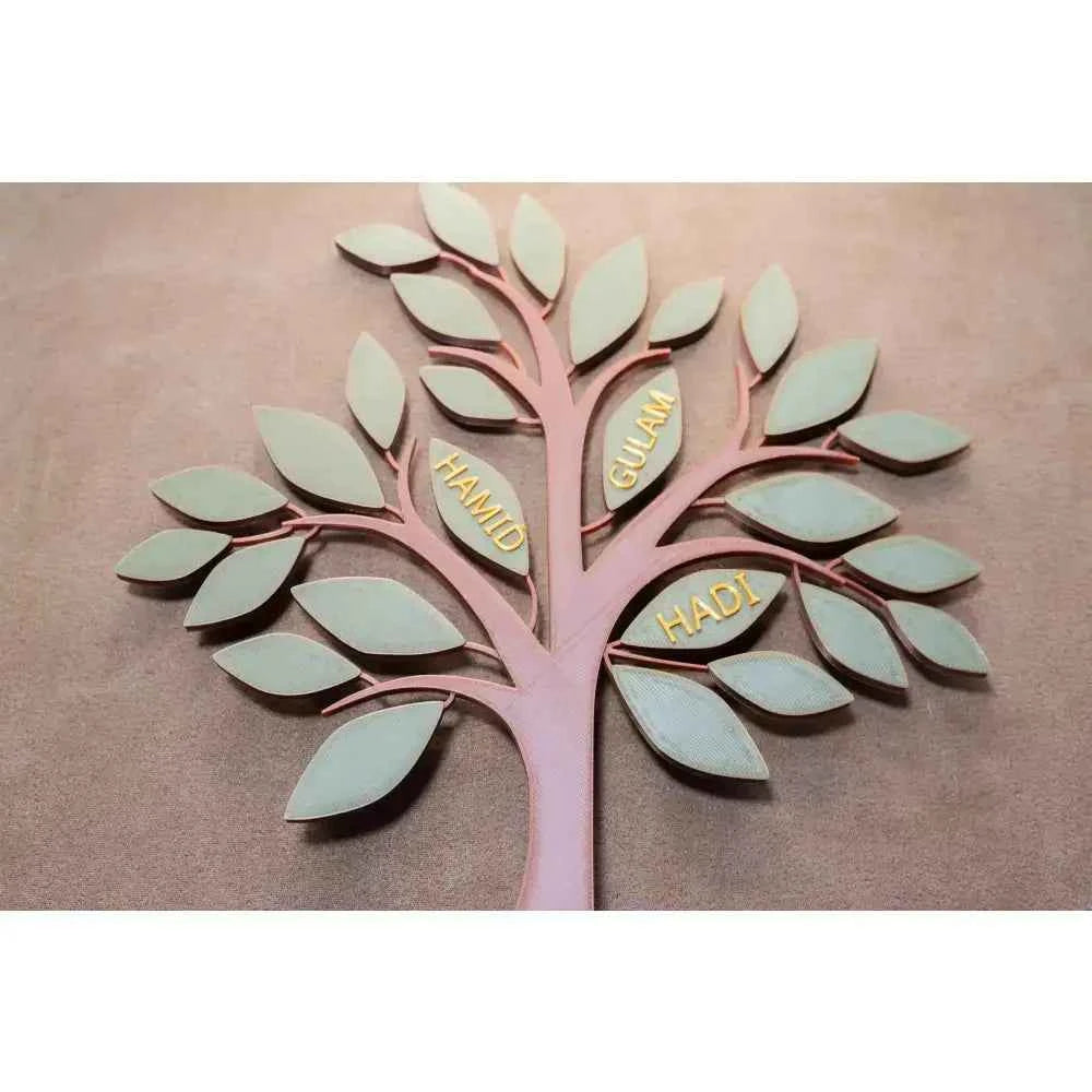 Custom family tree decor featuring engraved names on wood leaves for a personalized touch