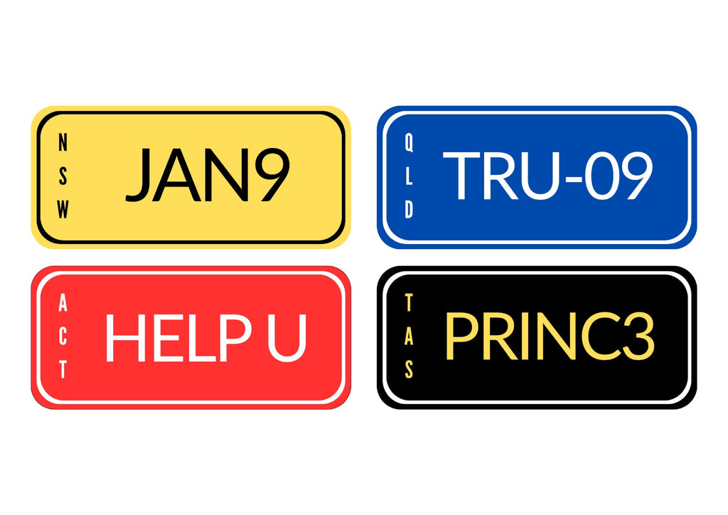 The Create Studio colourful set of four Australian style personalised novelty number plates in yellow blue red black