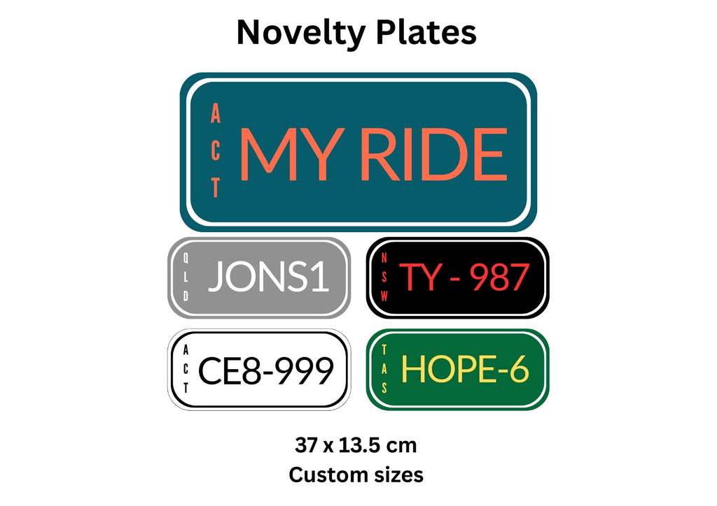 The Create Studio personalised novelty number plates sample display showing various custom plate designs and sizes