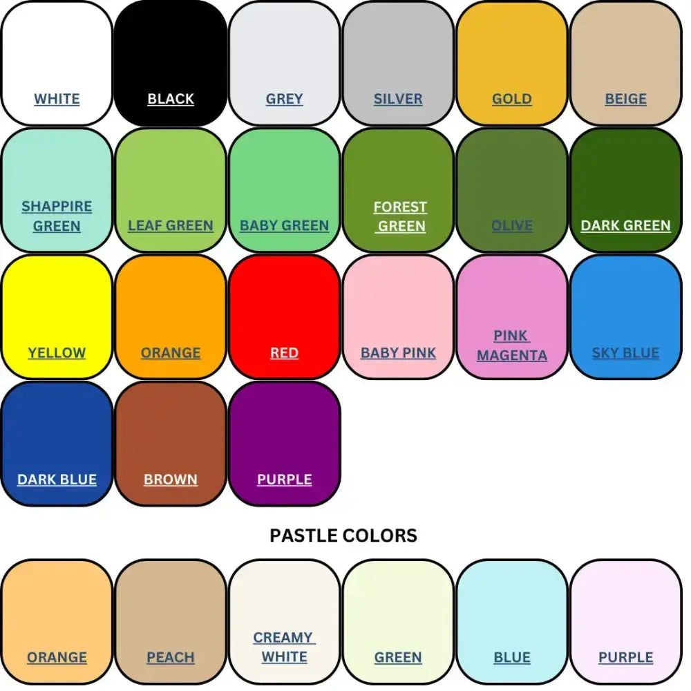 Color swatches featuring various shades including black, red, pastel colors, and more for design and customization.