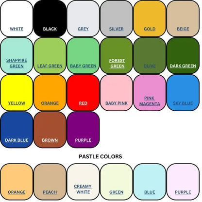 Color swatches featuring various shades including black, red, pastel colors, and more for design and customization.