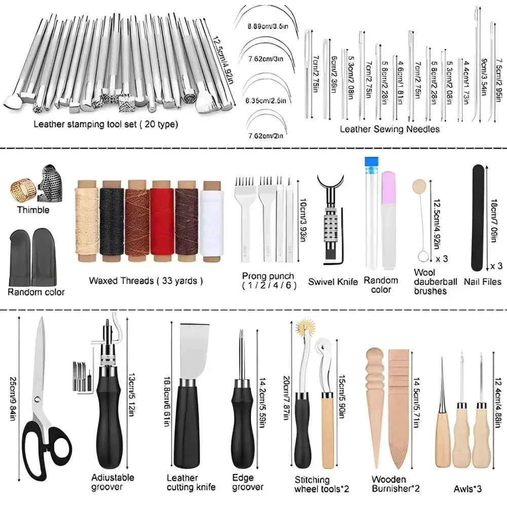 Comprehensive leather craft tools kit including stamps, needles, and various cutting tools
