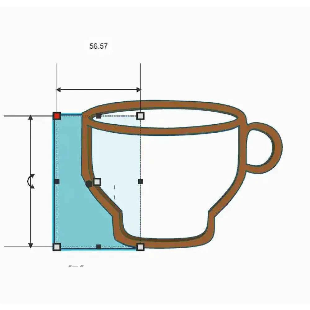 Pottery rib tool for mugs shown next to mug outline with dimensions for shaping and smoothing clay