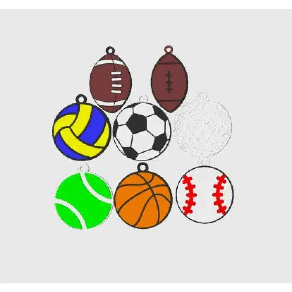 Eight colourful personalised sports ball keychains featuring various sports designs