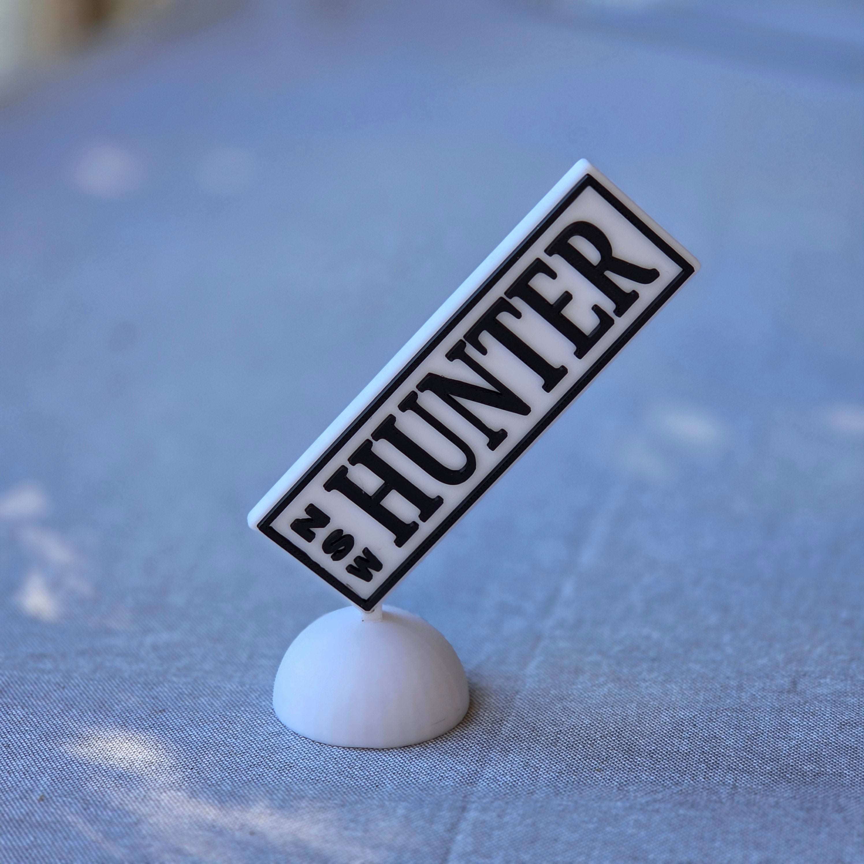 The Create Studio miniature HUNTER novelty plate on white stand unique car registration plate gift for desk display