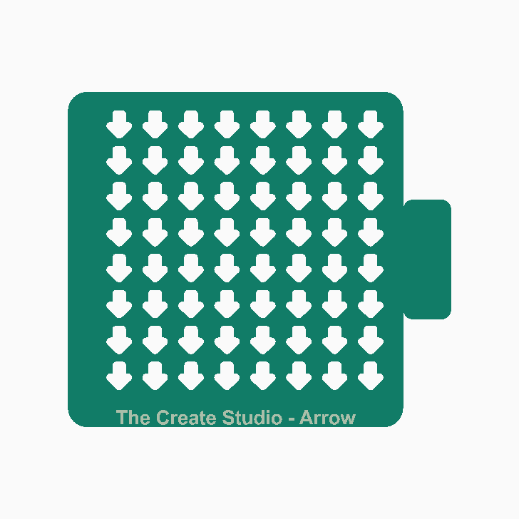 The Create Studio arrow shaped cake decorating stencil green square with repeated down arrow cutouts and side handle
