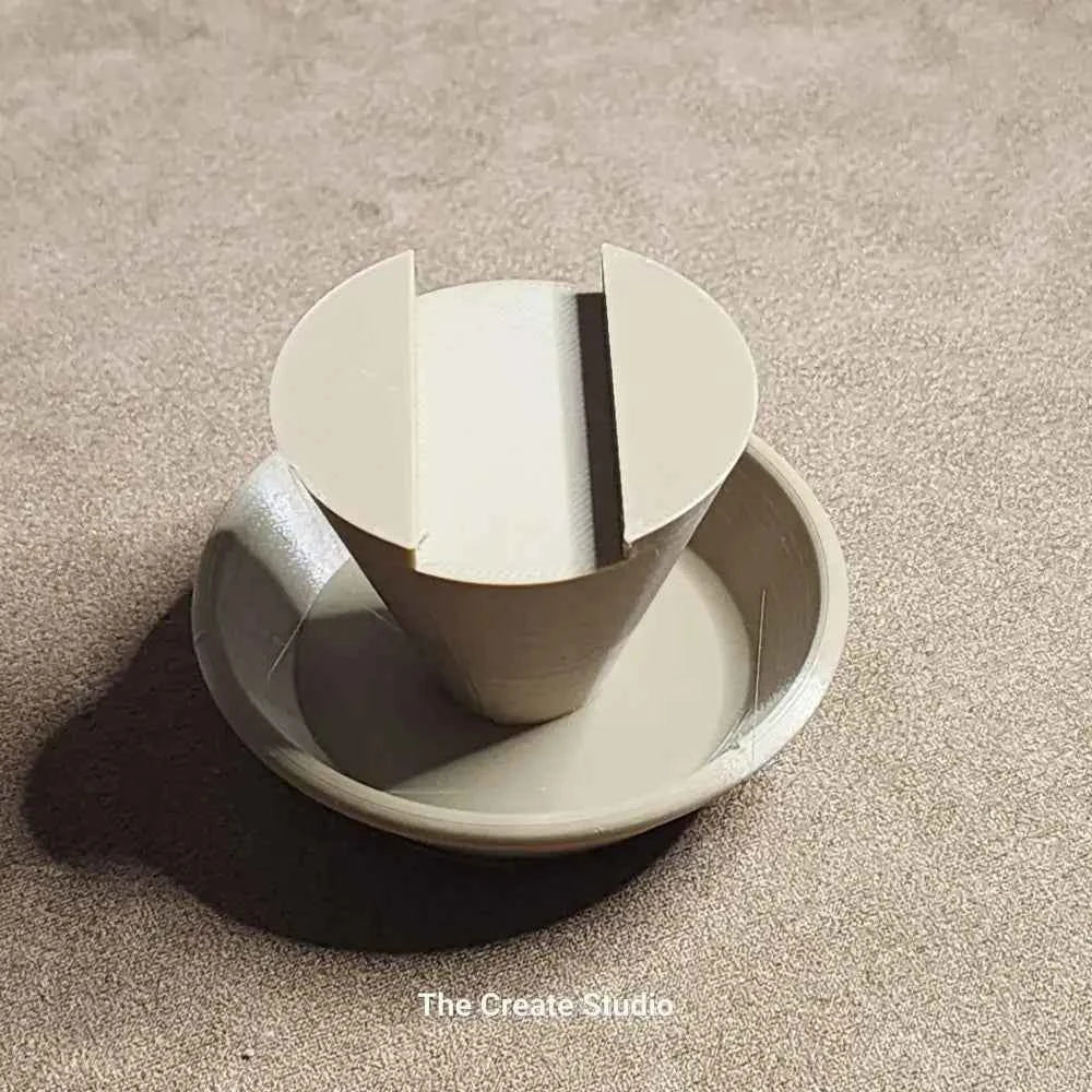 Beige plastic hive ant trap water bath for beekeeping sits in shallow dish to protect hive bases