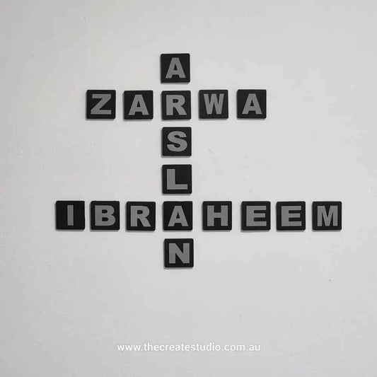 Personalised family tree gift wall art featuring names in modern black letter tiles