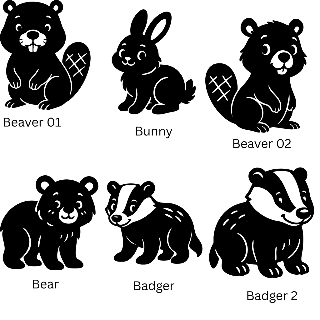 Set of woodland creature nursery decorations featuring black silhouette designs of beaver bunny bear and badger