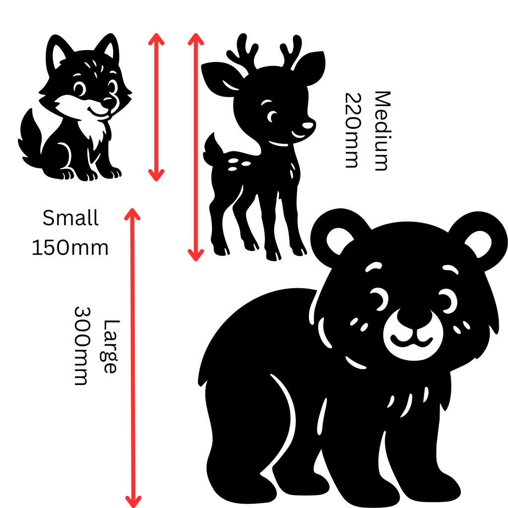 Woodland creature nursery decorations set featuring black and white fox, deer, and bear silhouettes in small, medium, and large sizes