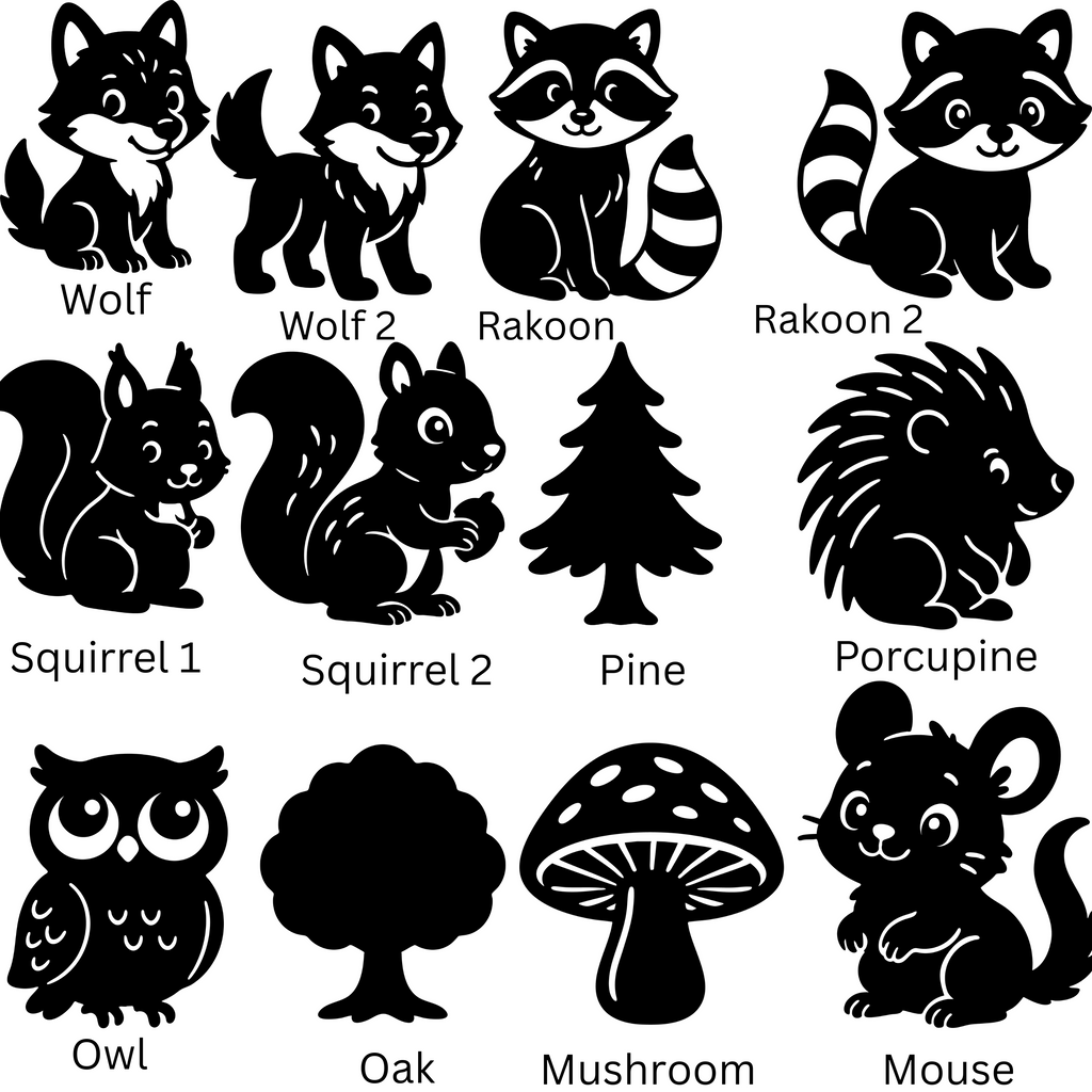 Black and white woodland creature nursery decorations including wolf, raccoon, squirrel, porcupine, owl, tree, mushroom, and mouse designs